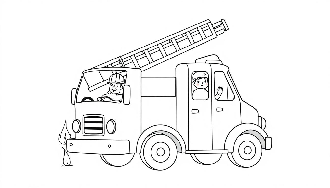 Schwarz-weiße Farbtafel-Zeichnung eines niedlichen Cartoon-Feuerwehrautos mit einer langen Leiter auf dem Dach und zwei fröhlichen Feuerwehrmännern, einer am Steuer und einer winkend. Vor dem Auto ist eine kleine Flamme zu sehen.