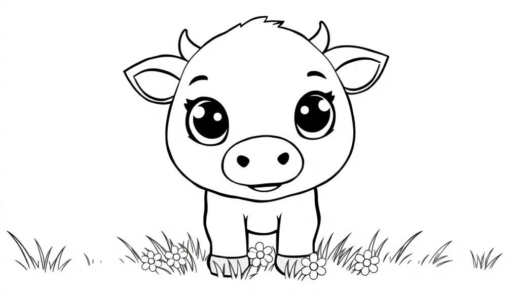 Ein niedliches Kalb mit großen Kulleraugen, bereit zum Ausmalen, mit Gänseblümchen im Gras.