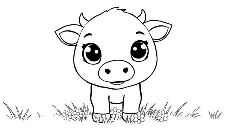 Ein niedliches Kalb mit großen Kulleraugen, bereit zum Ausmalen, mit Gänseblümchen im Gras.