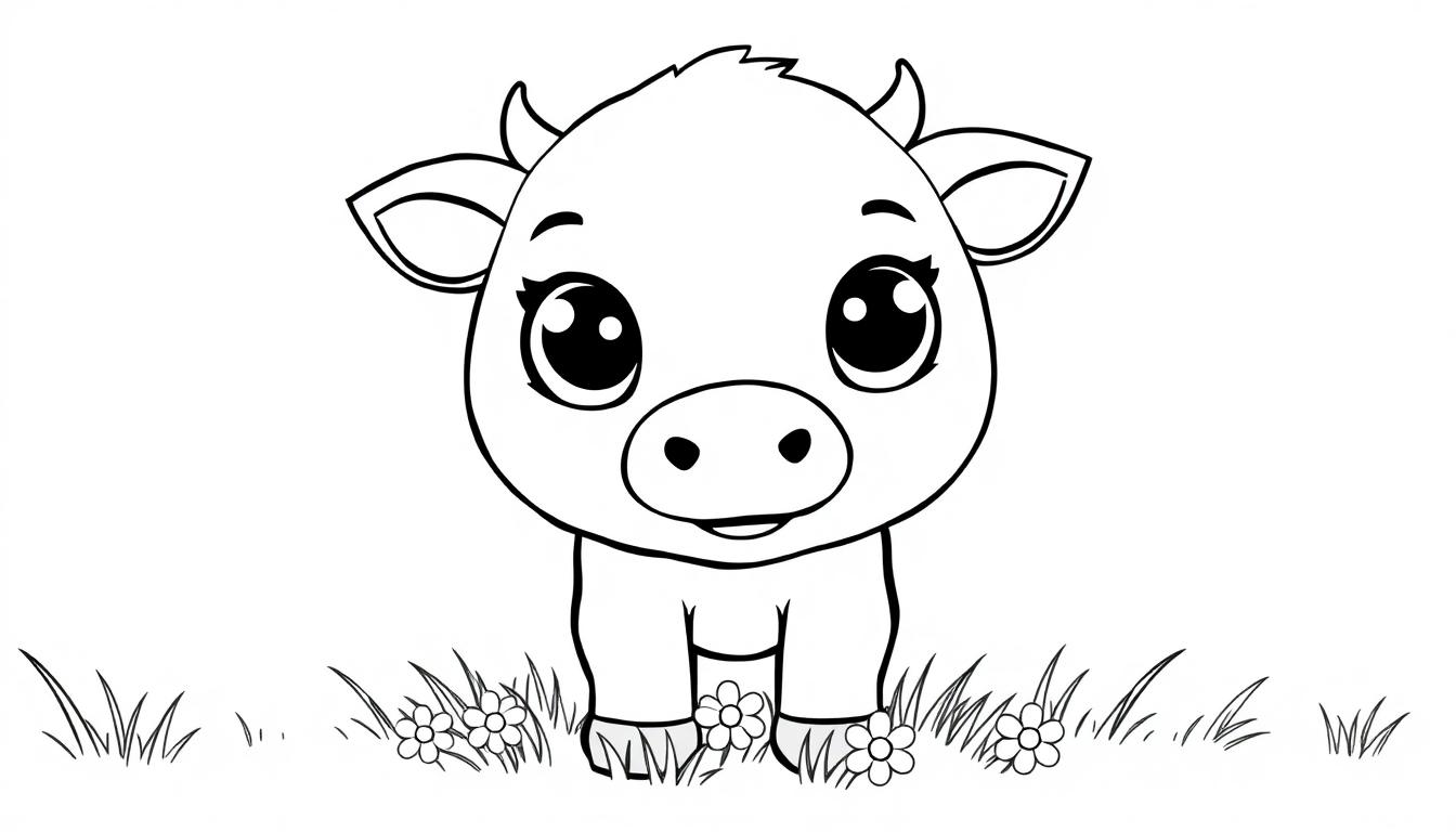 Ein niedliches Kalb mit großen Kulleraugen, bereit zum Ausmalen, mit Gänseblümchen im Gras.