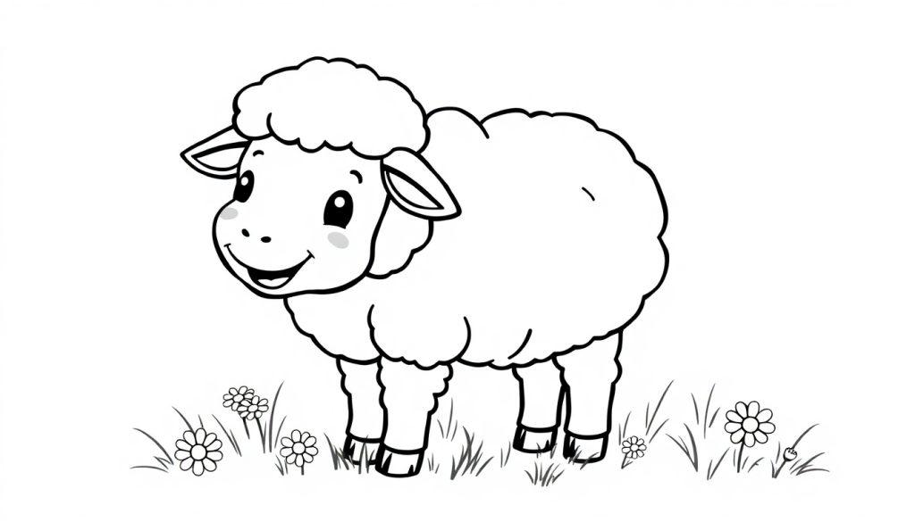 Schwarz-weiß Malvorlage eines niedlichen Cartoon-Schafs mit flauschigem Körper und Kopf, großen Augen und freundlichem Ausdruck, das im Gras mit Gänseblümchen steht. Farbtafel.