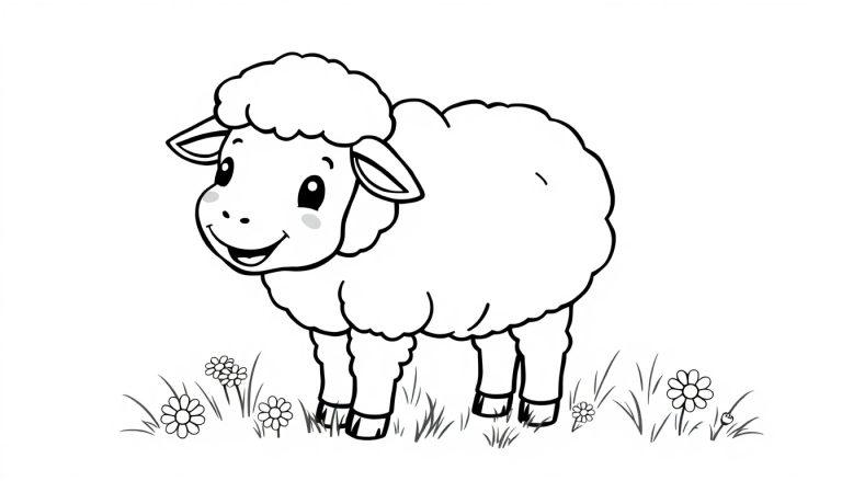 Schwarz-weiß Malvorlage eines niedlichen Cartoon-Schafs mit flauschigem Körper und Kopf, großen Augen und freundlichem Ausdruck, das im Gras mit Gänseblümchen steht. Farbtafel.
