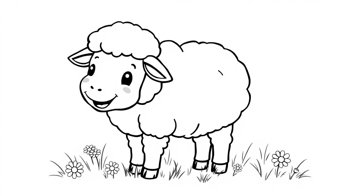 Schwarz-weiß Malvorlage eines niedlichen Cartoon-Schafs mit flauschigem Körper und Kopf, großen Augen und freundlichem Ausdruck, das im Gras mit Gänseblümchen steht. Farbtafel.