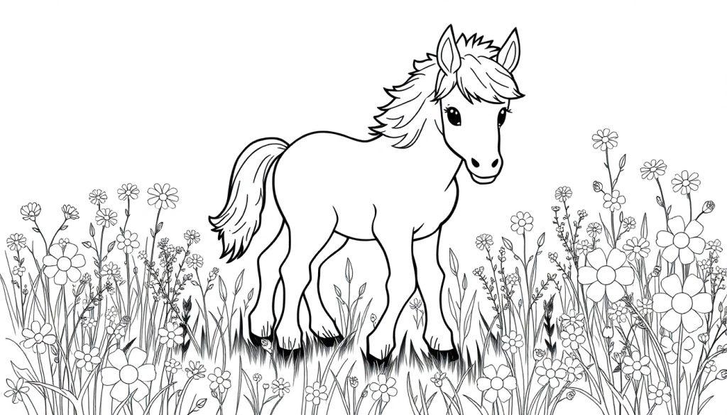 Schwarz-Weiß-Farbtafel eines niedlichen Ponys mit langer Mähne auf einer Blumenwiese.