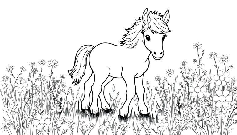 Schwarz-Weiß-Farbtafel eines niedlichen Ponys mit langer Mähne auf einer Blumenwiese.