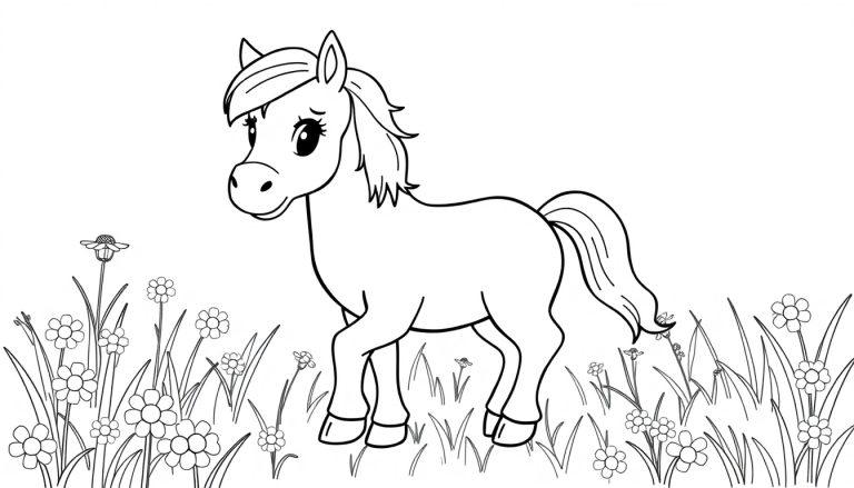 Eine Schwarz-Weiß-Farbtafel-Zeichnung eines niedlichen Ponys, das in einer Blumenwiese steht.