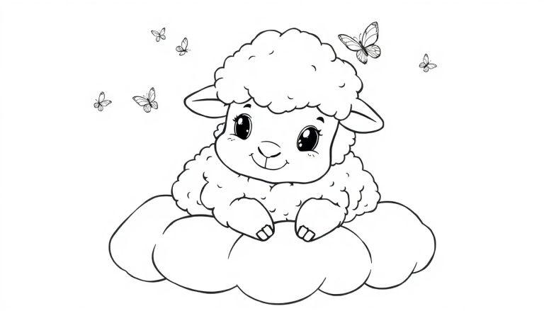 Eine niedliche schwarz-weiße Cartoon-Farbtafelzeichnung eines Lamms auf einer Wolke mit Schmetterlingen.