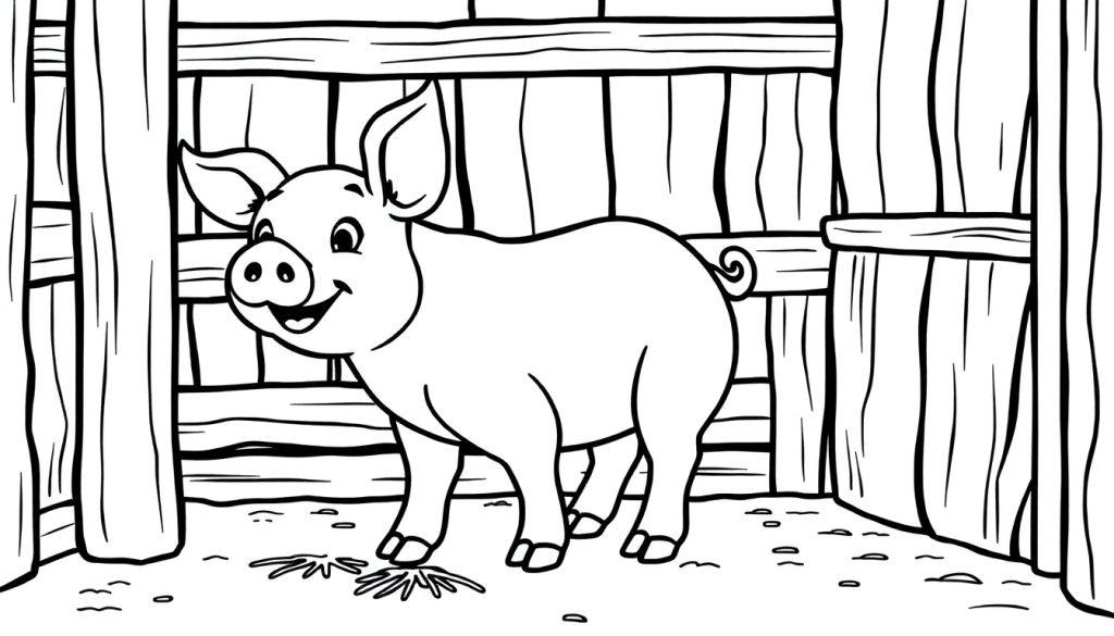 Schwarz-weiß-Farbtafel eines niedlichen Schweins in einem Stall.