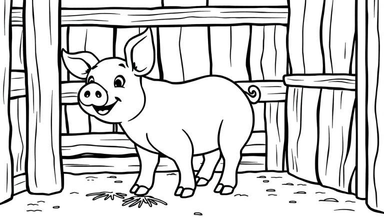 Schwarz-weiß-Farbtafel eines niedlichen Schweins in einem Stall.