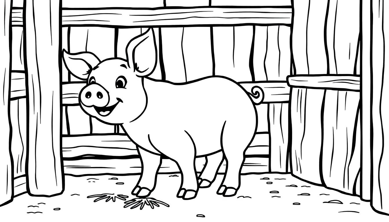 Schwarz-weiß-Farbtafel eines niedlichen Schweins in einem Stall.