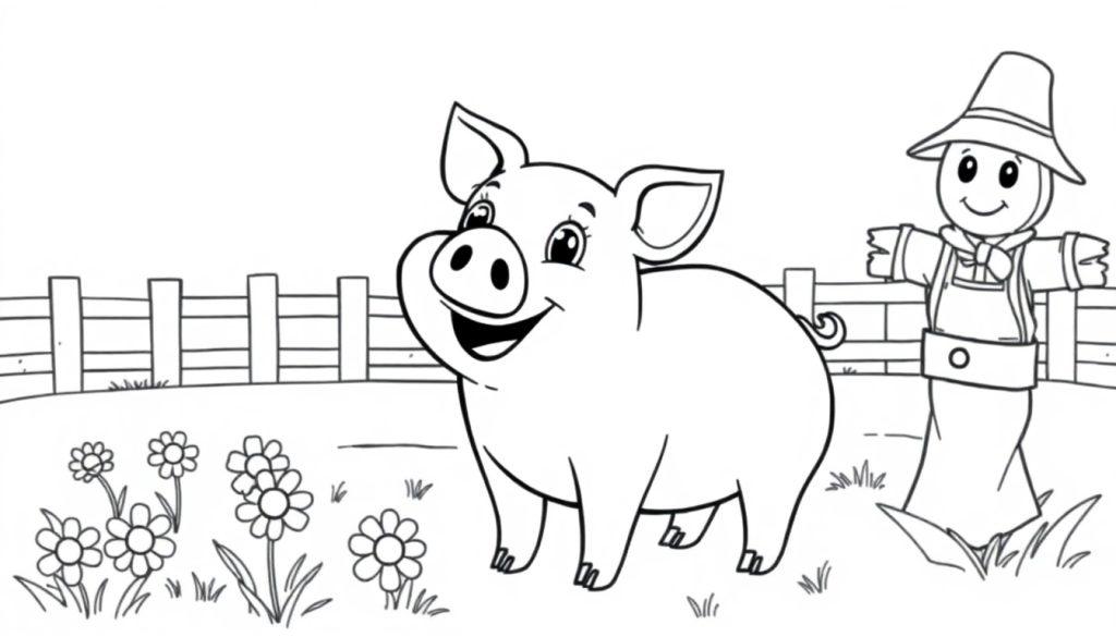 Schwarz-Weiß-Farbtafel einer niedlichen, lächelnden Schwein mit Gänseblümchen und einer Vogelscheuche auf einem Bauernhof.