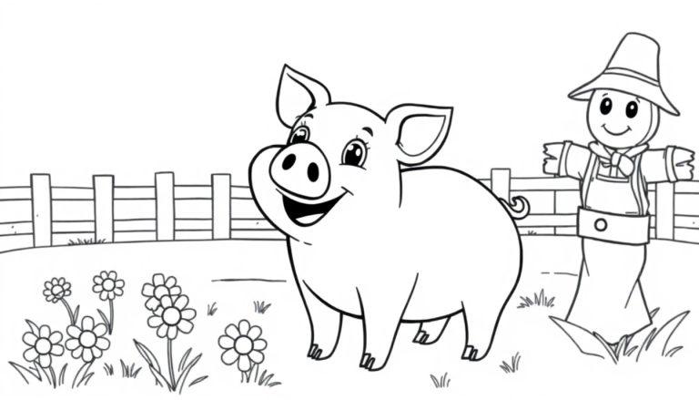 Schwarz-Weiß-Farbtafel einer niedlichen, lächelnden Schwein mit Gänseblümchen und einer Vogelscheuche auf einem Bauernhof.