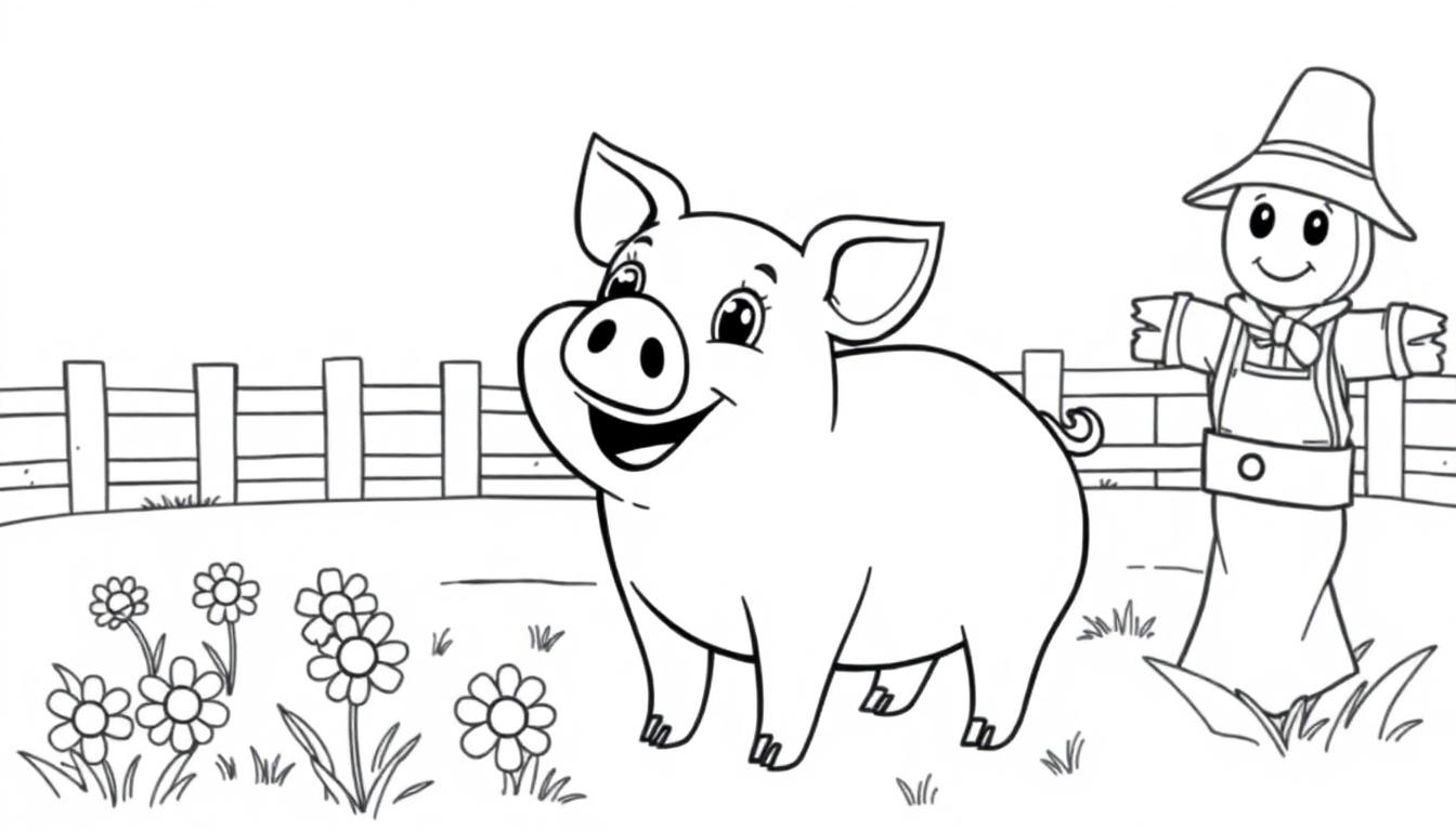 Schwarz-Weiß-Farbtafel einer niedlichen, lächelnden Schwein mit Gänseblümchen und einer Vogelscheuche auf einem Bauernhof.