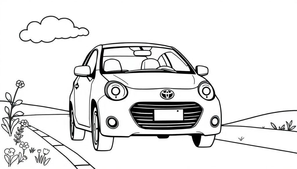 Eine schwarz-weiße Malvorlage eines niedlichen Toyota-Autos, das auf einer Straße fährt, umgeben von Gras und Blumen.