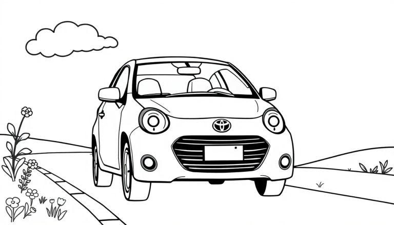Eine schwarz-weiße Malvorlage eines niedlichen Toyota-Autos, das auf einer Straße fährt, umgeben von Gras und Blumen.