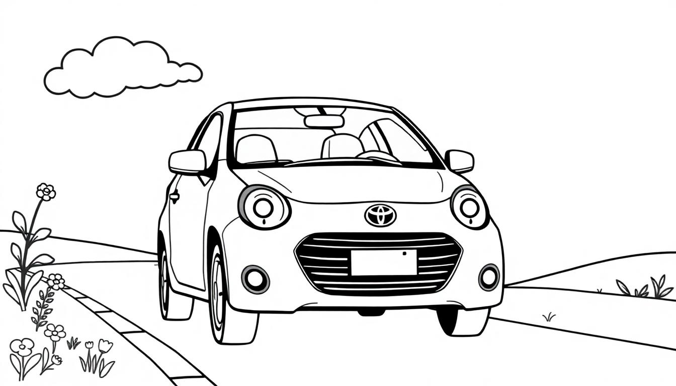 Eine schwarz-weiße Malvorlage eines niedlichen Toyota-Autos, das auf einer Straße fährt, umgeben von Gras und Blumen.