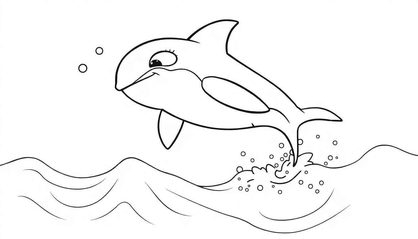 Schwarz-Weiß-Farbtafel eines freundlichen Orcas, der aus dem Wasser springt.