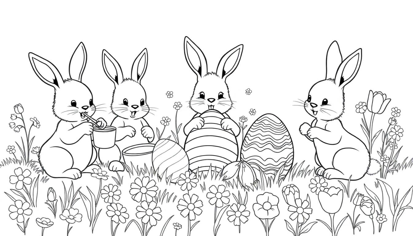 Farbtafel: Vier niedliche Osterhasen bemalen Eier inmitten von Frühlingsblumen.