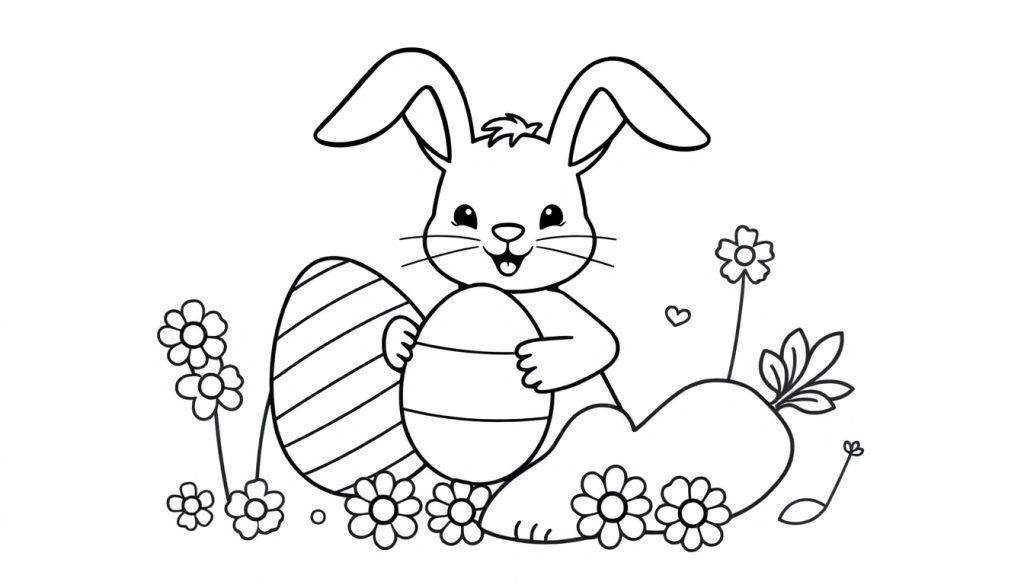 Niedlicher Osterhase hält Ostereier inmitten von Blumen, eine Farbtafel zum Ausmalen.