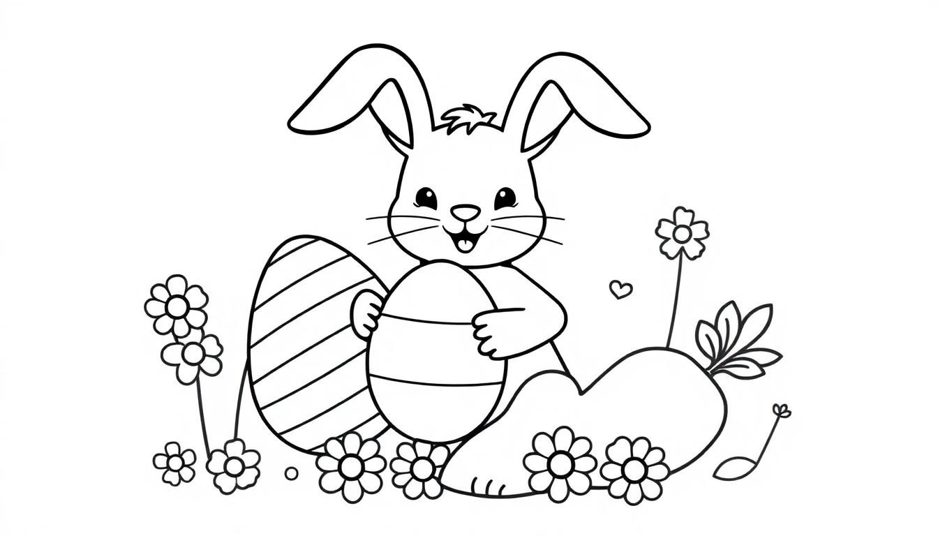Niedlicher Osterhase hält Ostereier inmitten von Blumen, eine Farbtafel zum Ausmalen.