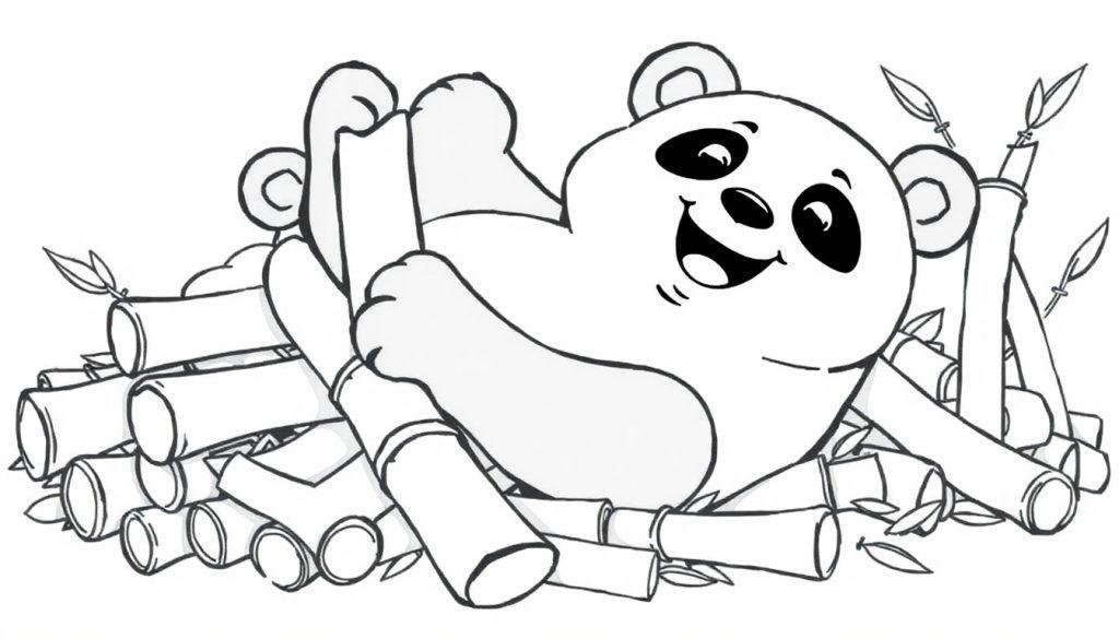 Eine Schwarz-Weiß-Farbtafel-Illustration eines lächelnden Cartoon-Pandas, der sich in Bambus versteckt.
