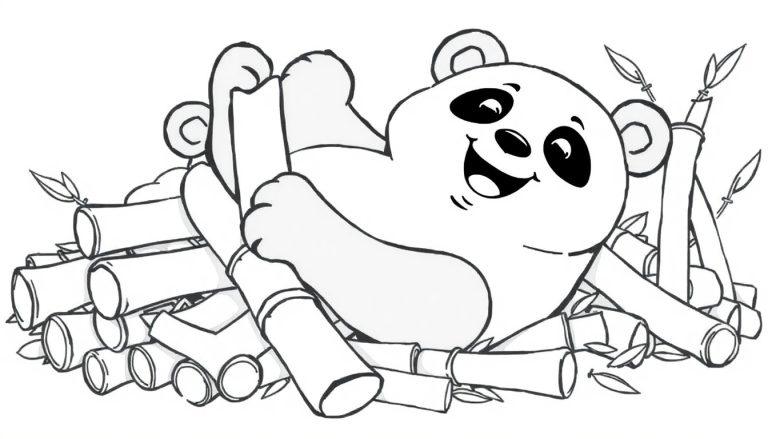 Eine Schwarz-Weiß-Farbtafel-Illustration eines lächelnden Cartoon-Pandas, der sich in Bambus versteckt.