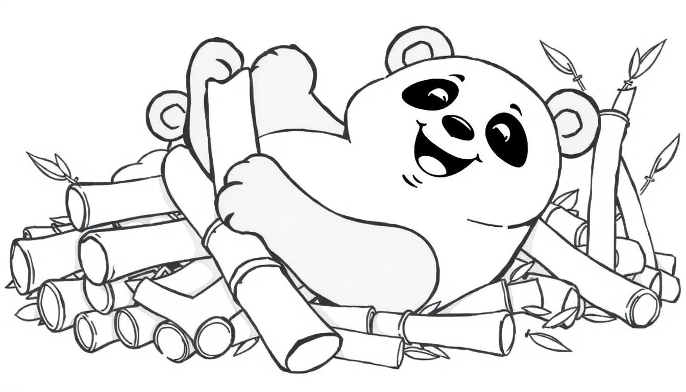 Eine Schwarz-Weiß-Farbtafel-Illustration eines lächelnden Cartoon-Pandas, der sich in Bambus versteckt.