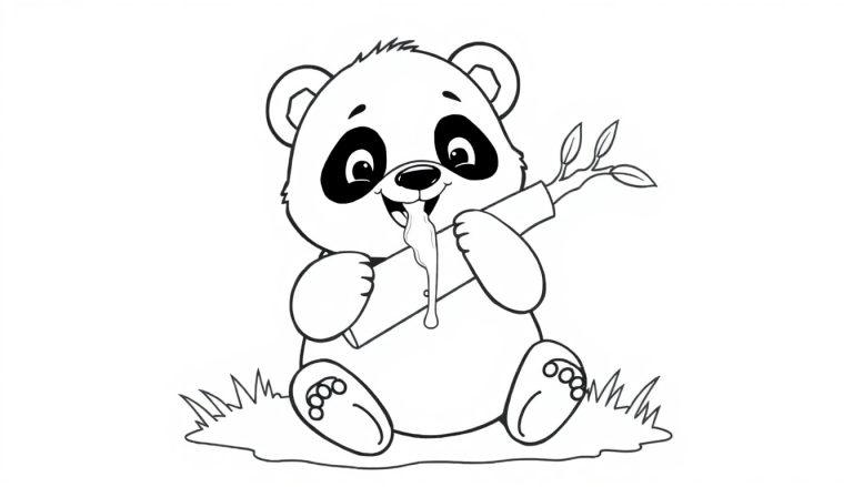 Eine schwarz-weiße Farbtafel eines niedlichen Pandas, der Bambus isst.