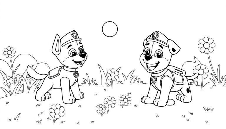 Farbtafel: Chase und Marshall von Paw Patrol spielen im Garten mit Blumen und Gras.