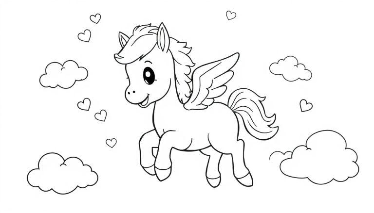 Schwarz-weißes Ausmalbild eines niedlichen Pegasus-Fohlens inmitten von Wolken und Herzen, bereit für seine Farbtafel.