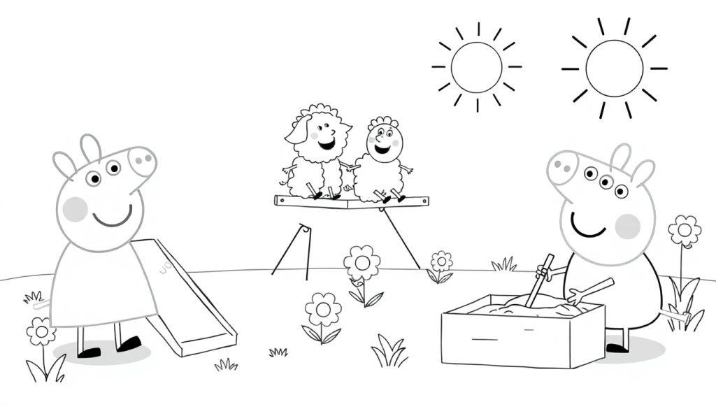 Peppa Wutz und George spielen auf einem Spielplatz, eine Schwarz-Weiß-Farbtafel.