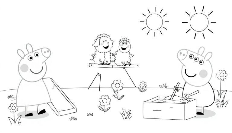 Peppa Wutz und George spielen auf einem Spielplatz, eine Schwarz-Weiß-Farbtafel.
