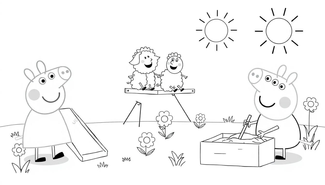 Peppa Wutz und George spielen auf einem Spielplatz, eine Schwarz-Weiß-Farbtafel.