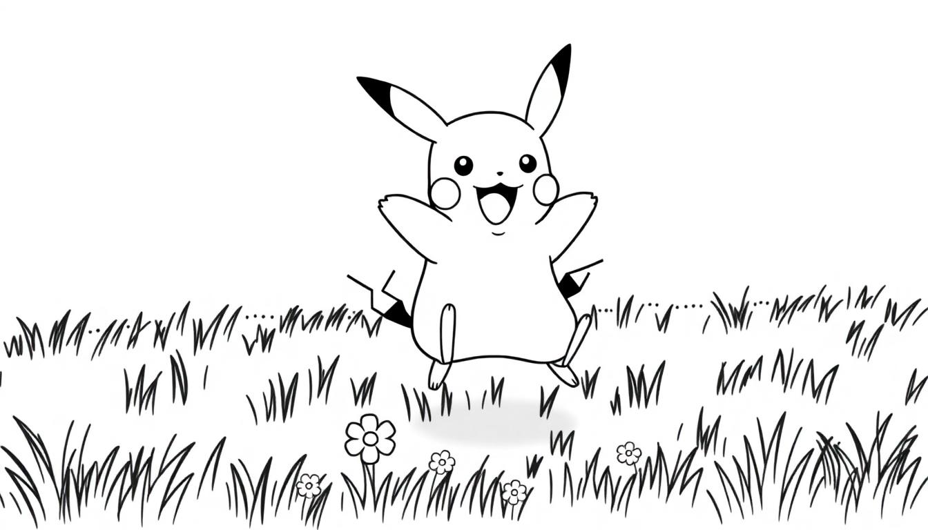 Schwarz-Weiß-Farbtafel-Illustration eines glücklichen Pikachu, das mit erhobenen Armen auf einer grünen Wiese springt.