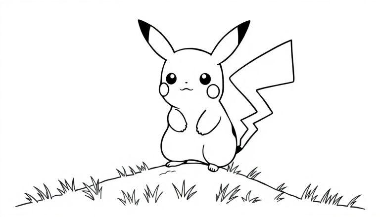 Schwarz-weiße Farbtafel-Zeichnung von Pikachu auf einem grasbewachsenen Hügel, bereit zum Ausmalen.