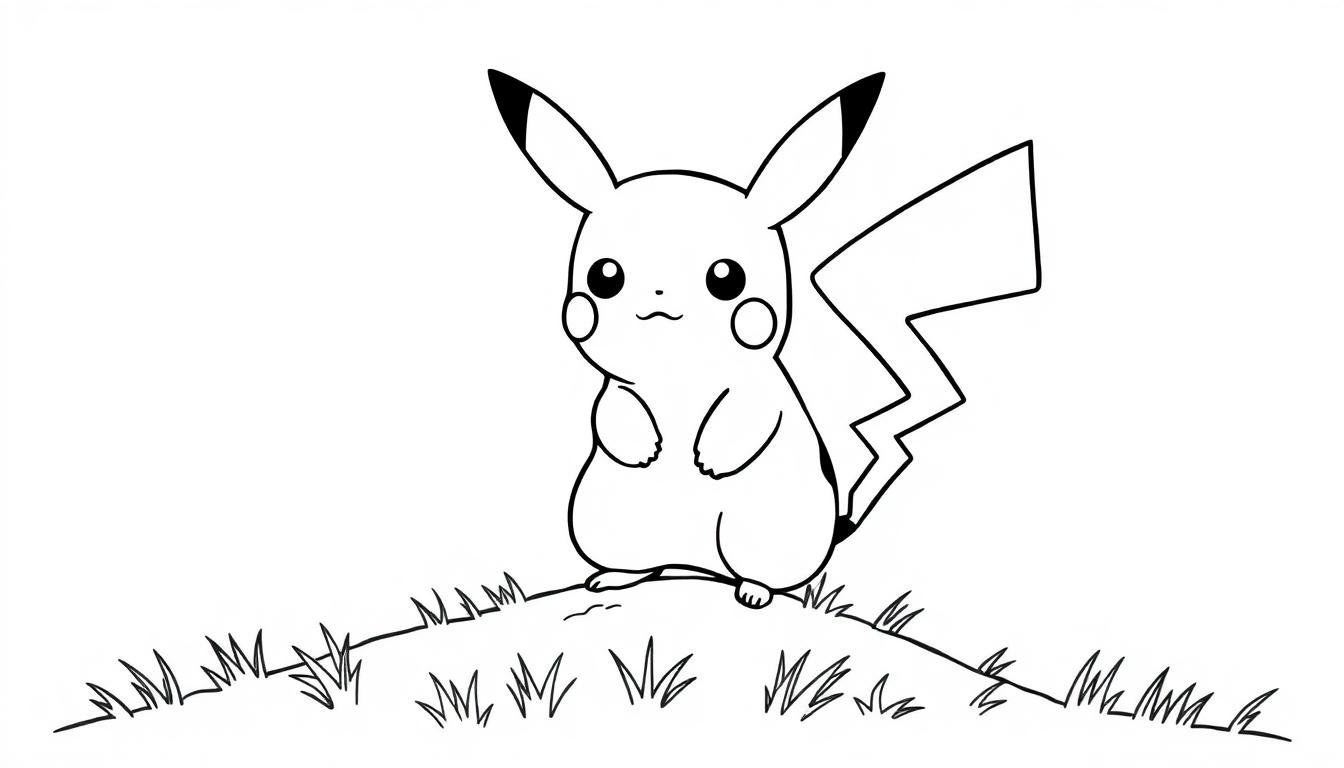 Schwarz-weiße Farbtafel-Zeichnung von Pikachu auf einem grasbewachsenen Hügel, bereit zum Ausmalen.