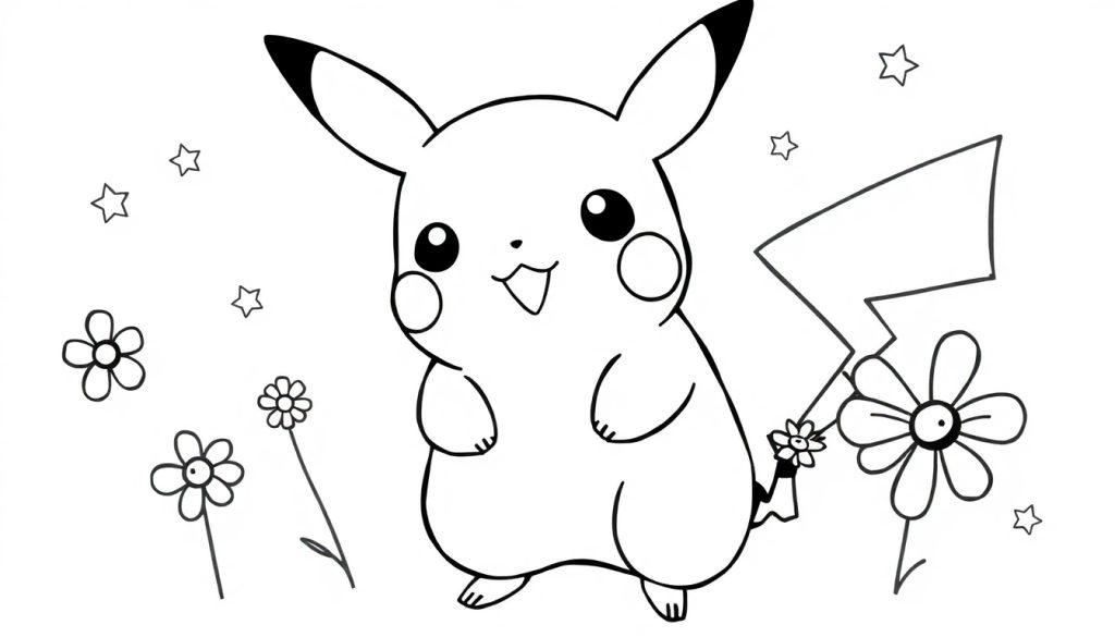 Schwarz-weiße Farbtafel von Pikachu mit Blumen und Sternen, lächelnd.