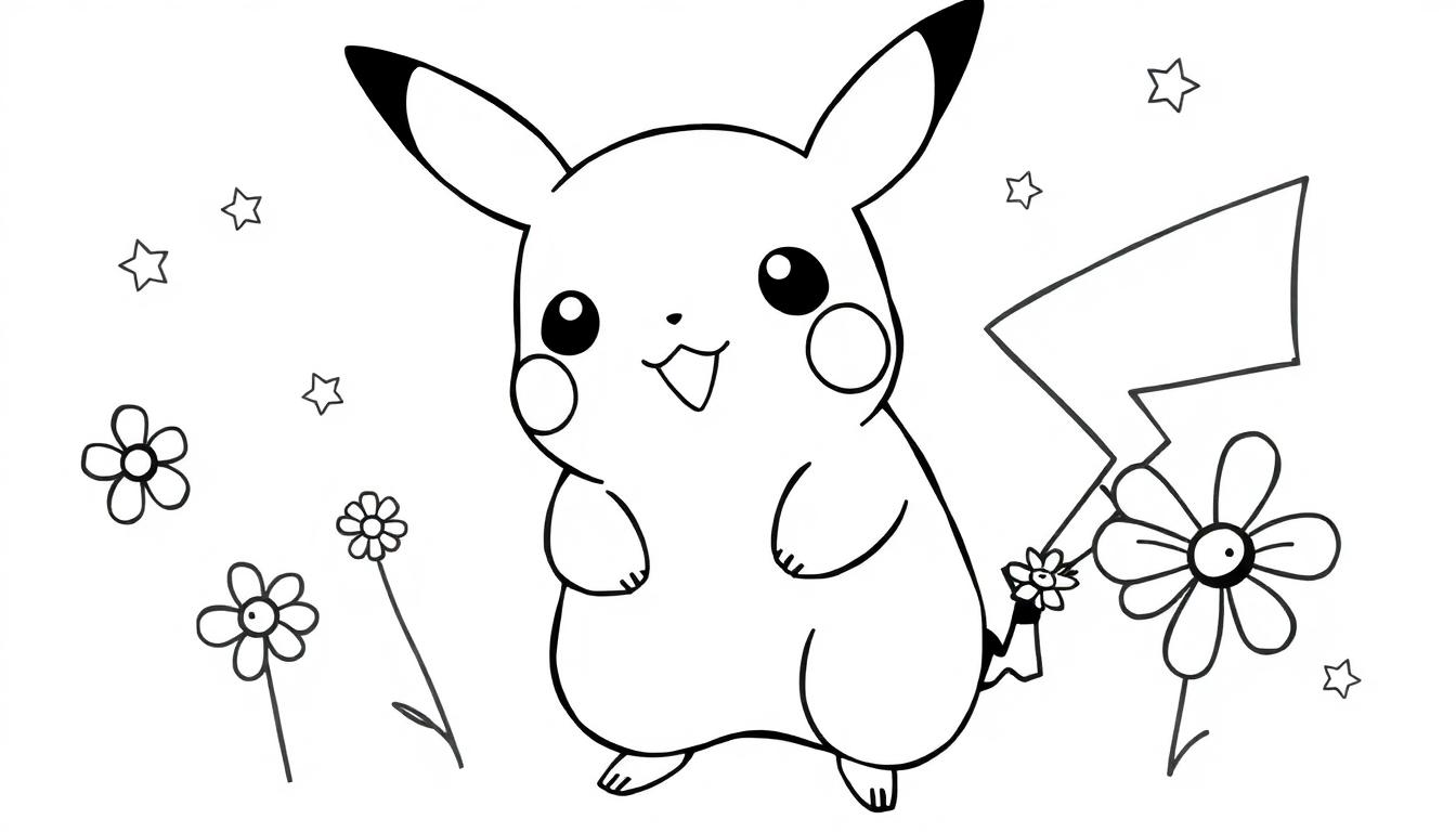 Schwarz-weiße Farbtafel von Pikachu mit Blumen und Sternen, lächelnd.