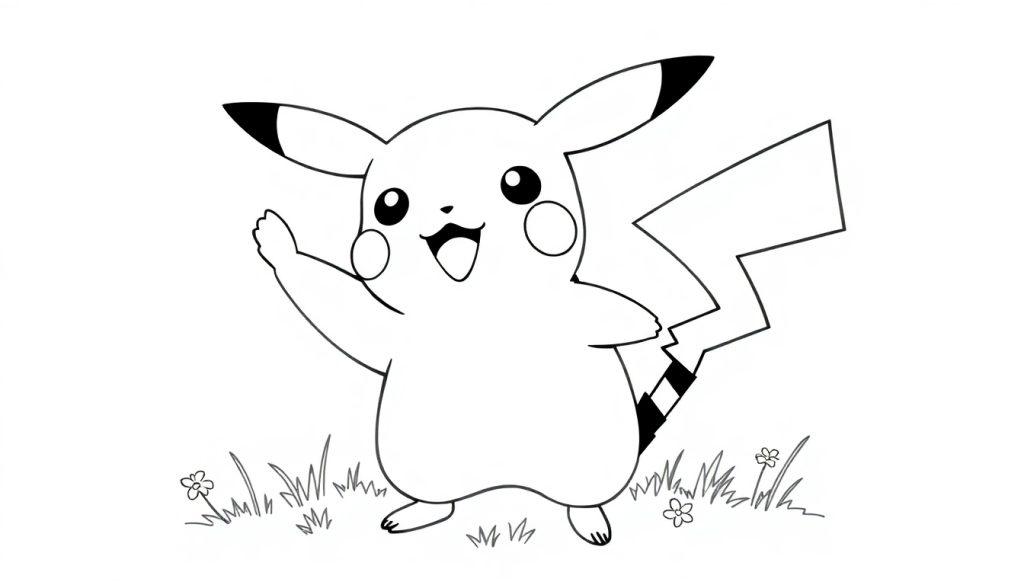 Eine Cartoon-Farbtafel von Pikachu, das lächelnd winkt.