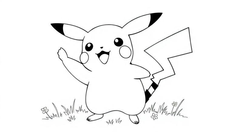 Eine Cartoon-Farbtafel von Pikachu, das lächelnd winkt.