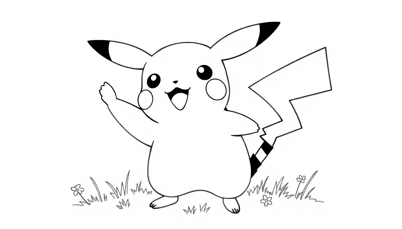 Eine Cartoon-Farbtafel von Pikachu, das lächelnd winkt.