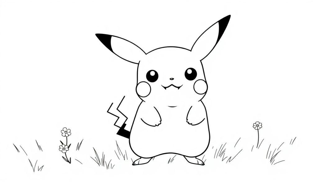 Eine Schwarz-Weiß-Farbtafel von Pikachu mit einem Lächeln im Gras.