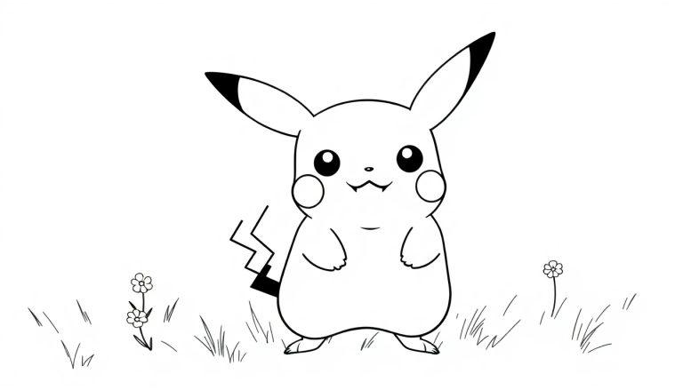Eine Schwarz-Weiß-Farbtafel von Pikachu mit einem Lächeln im Gras.