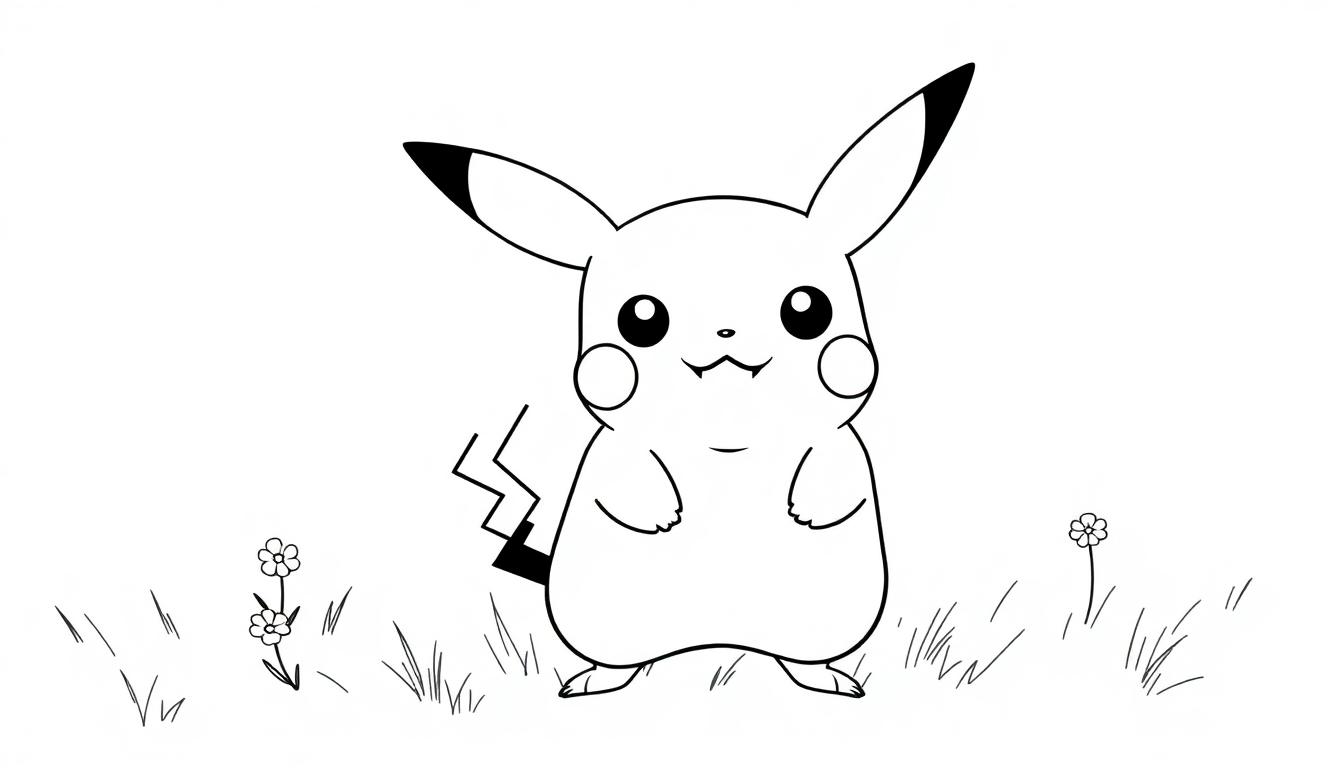 Eine Schwarz-Weiß-Farbtafel von Pikachu mit einem Lächeln im Gras.