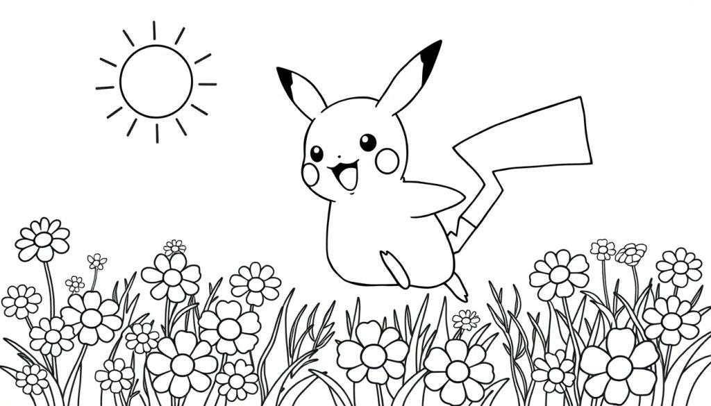 Farbtafel: Schwarz-weiße Cartoon-Illustration von Pikachu, das über einem Blumenfeld schwebt, mit einer stilisierten Sonne am Himmel.