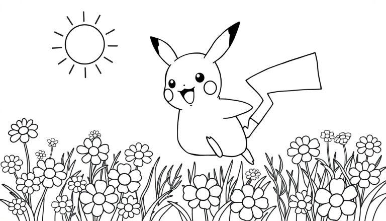 Farbtafel: Schwarz-weiße Cartoon-Illustration von Pikachu, das über einem Blumenfeld schwebt, mit einer stilisierten Sonne am Himmel.