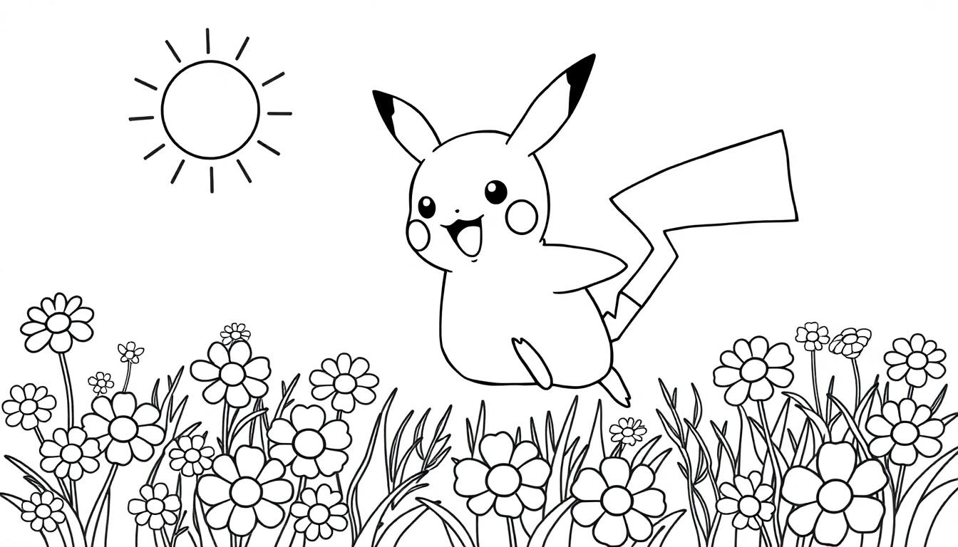 Farbtafel: Schwarz-weiße Cartoon-Illustration von Pikachu, das über einem Blumenfeld schwebt, mit einer stilisierten Sonne am Himmel.
