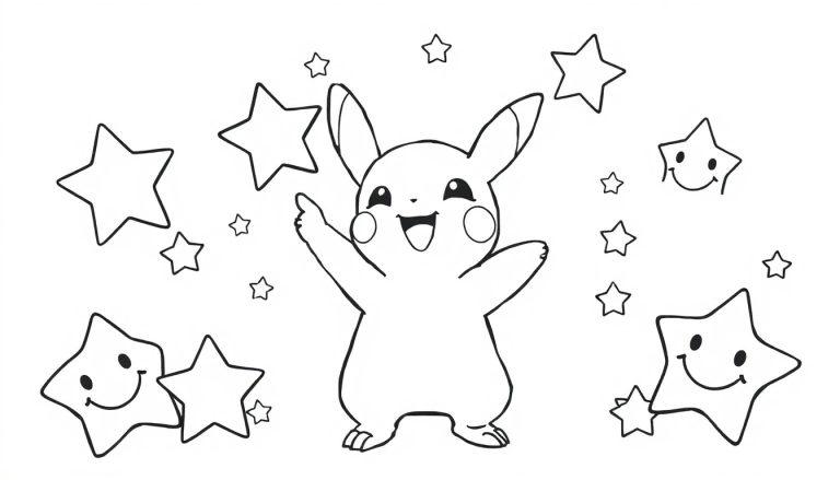 Schwarz-weiße Farbtafel von Pikachu mit erhobenen Armen und einem Lächeln, umgeben von Sternen, einige mit Smiley-Gesichtern.