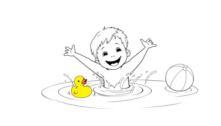 Ein kleines Kind mit ausgestreckten Armen und einem Lächeln im Wasser, neben ihm eine gelbe Gummiente und ein Strandball. Eine Farbtafel-Zeichnung.