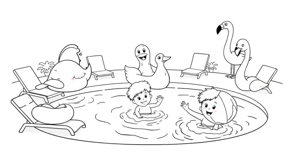 Eine Schwarz-Weiß-Farbtafel einer Poolszene mit zwei Jungen im Wasser, umgeben von aufblasbaren Spielzeugen und Liegestühlen.